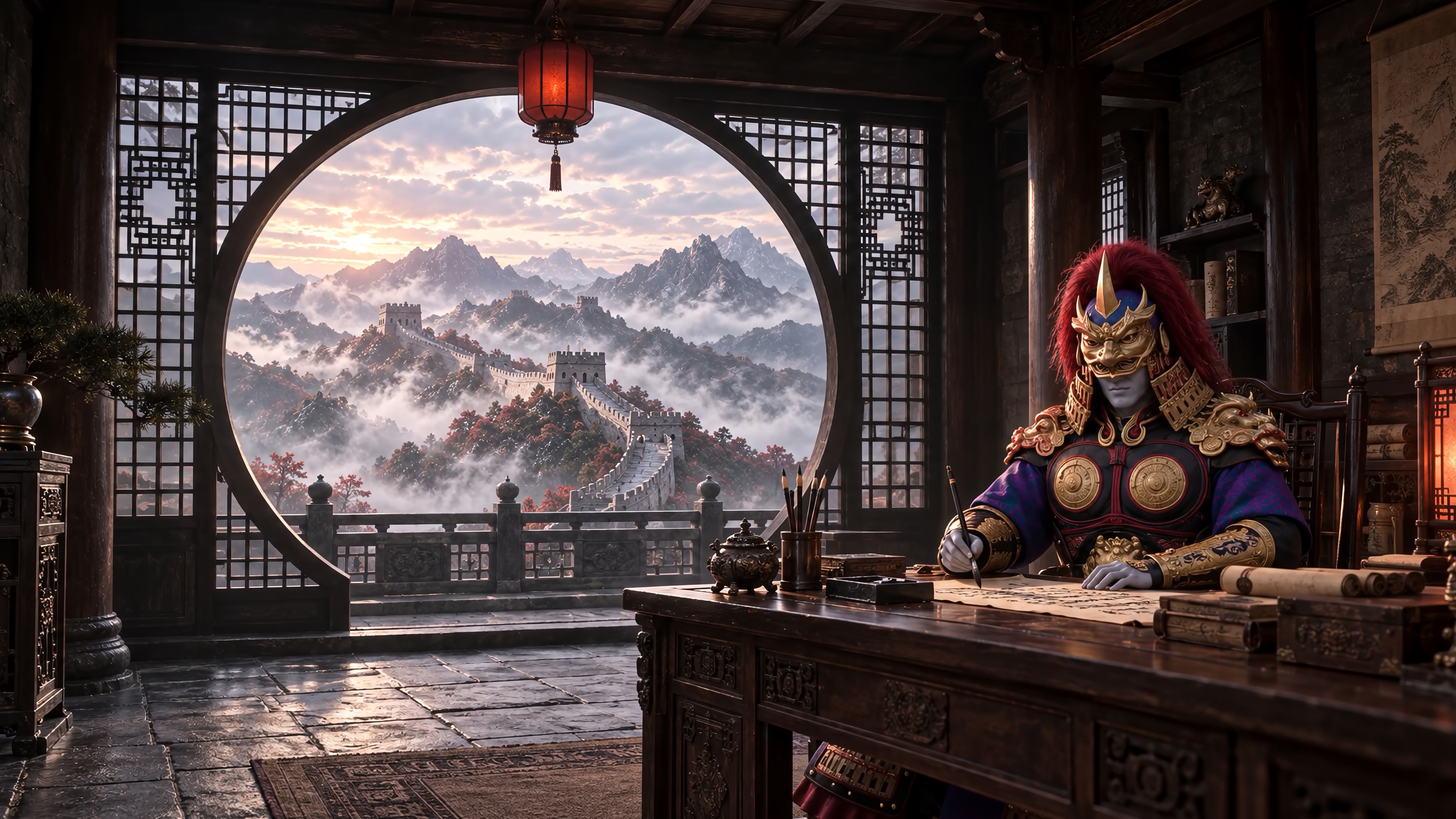 The strategist considers his plan at a writing desk inside a room overlooking the Great Wall.
